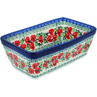 Polish Pottery Loaf Pan 8&quot; Red Pansy