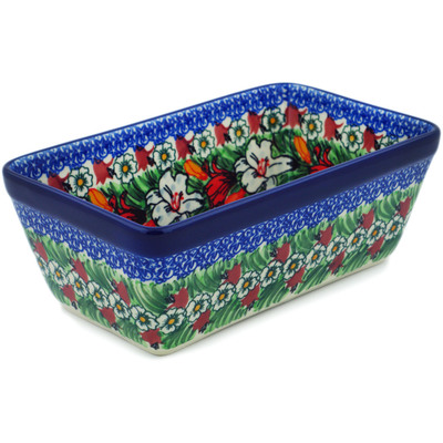 Polish Pottery Loaf Pan 8&quot; Scarlet Flora UNIKAT