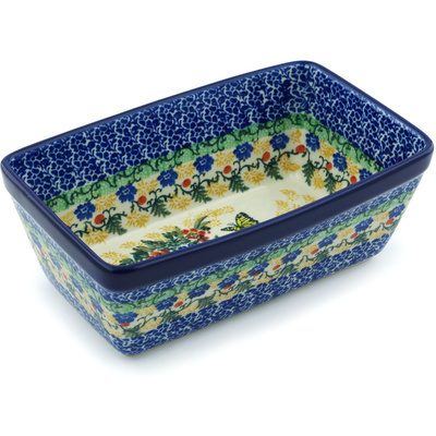 Polish Pottery Loaf Pan 8&quot; Yellow Monarch Meadow UNIKAT