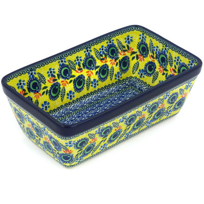 Polish Pottery Loaf Pan 8&quot; Yellow Peacock Flowers UNIKAT