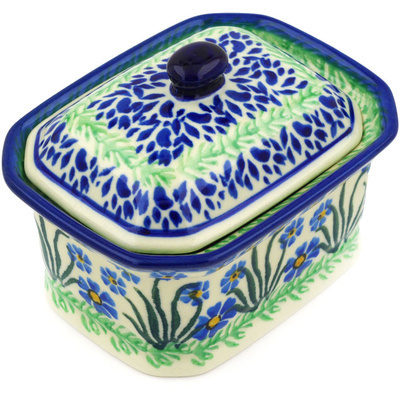 Polish Pottery Mini Cake Box 4&quot;, Salt Box, Blue April Showers
