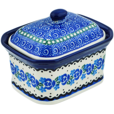 Polish Pottery Mini Cake Box 4&quot;, Salt Box, Blue Bud Sea