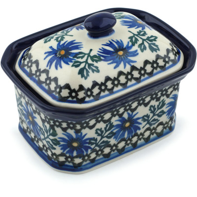 Polish Pottery Mini Cake Box 4&quot;, Salt Box, Blue Chicory