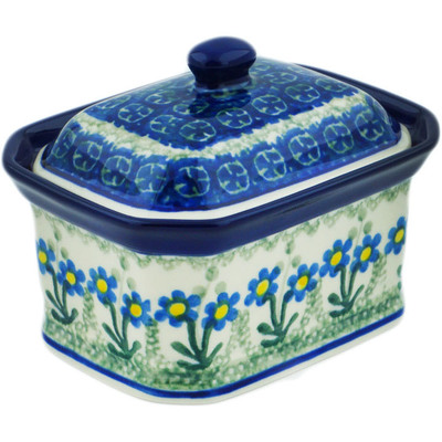 Polish Pottery Mini Cake Box 4&quot;, Salt Box, Blue Daisy Circle