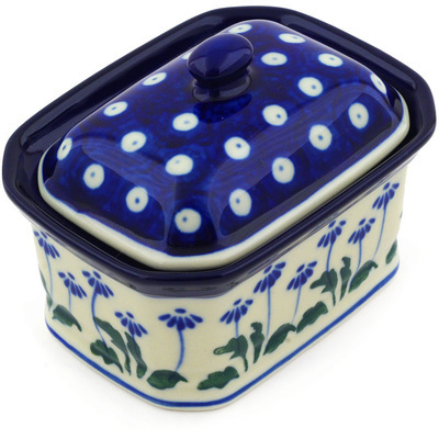 Polish Pottery Mini Cake Box 4", Salt Box, Blue Daisy Peacock
