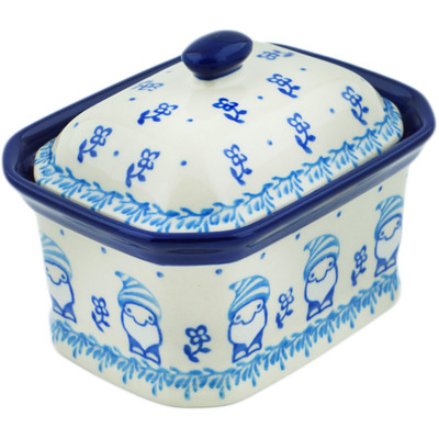 Polish Pottery Mini Cake Box 4", Salt Box, Blue Gnome