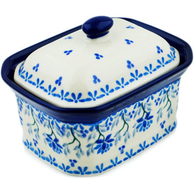 Polish Pottery Mini Cake Box 4&quot;, Salt Box, Blue Grapevine