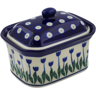 Polish Pottery Mini Cake Box 4&quot;, Salt Box, Blue Tulip Peacock