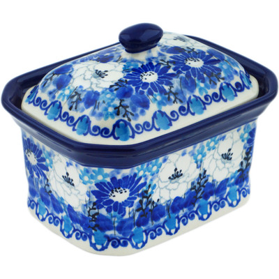 Polish Pottery Mini Cake Box 4&quot;, Salt Box, Blue Wildflower Meadow UNIKAT