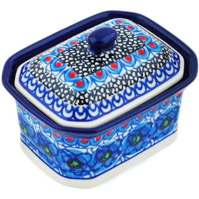 Polish Pottery Mini Cake Box 4&quot;, Salt Box, Blueberry Flowers UNIKAT