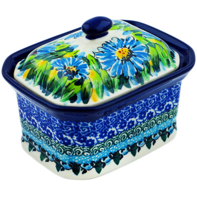 Polish Pottery Mini Cake Box 4&quot;, Salt Box, Bouquet Azul UNIKAT