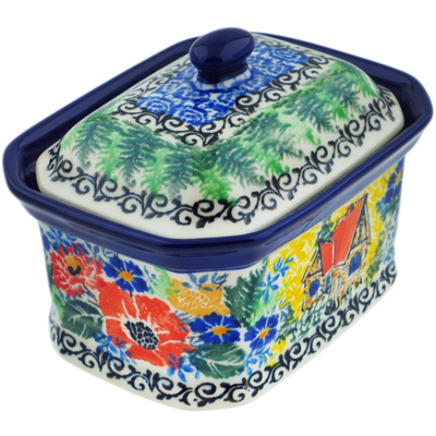 Polish Pottery Mini Cake Box 4&quot;, Salt Box, Cabin Meadow UNIKAT