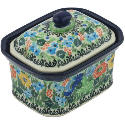 Polish Pottery Mini Cake Box 4&quot;, Salt Box, Carnation Wreath UNIKAT