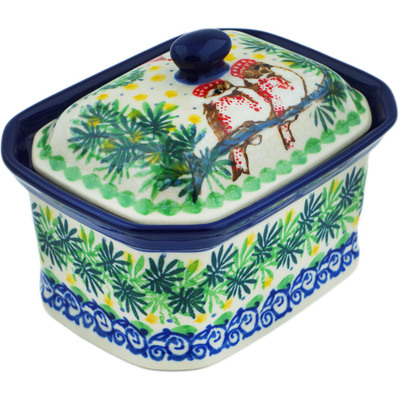 Polish Pottery Mini Cake Box 4&quot;, Salt Box, Cozy Bullfinch UNIKAT