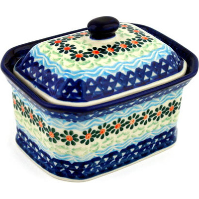 Polish Pottery Mini Cake Box 4&quot;, Salt Box, Daisies By The Sea