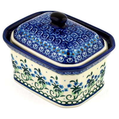 Polish Pottery Mini Cake Box 4&quot;, Salt Box, Forget Me Not Circle UNIKAT