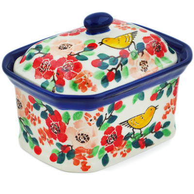 Polish Pottery Mini Cake Box 4&quot;, Salt Box, Golden Sparrow In Rosy Petals UNIKAT