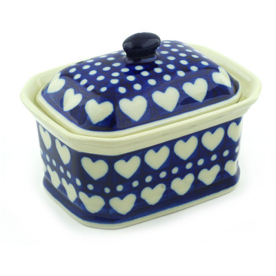 Polish Pottery Mini Cake Box 4&quot;, Salt Box, Heart To Heart