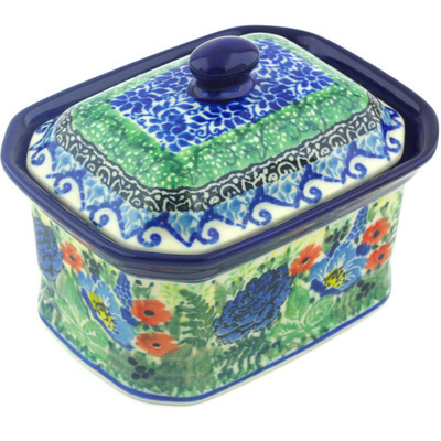 Polish Pottery Mini Cake Box 4&quot;, Salt Box, Joyful Blue UNIKAT