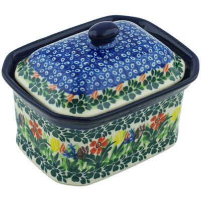 Polish Pottery Mini Cake Box 4&quot;, Salt Box, Lady Bug Tulips UNIKAT