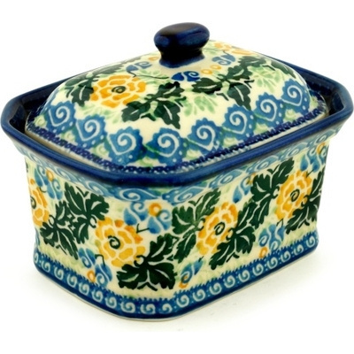 Polish Pottery Mini Cake Box 4&quot;, Salt Box, Marigold Spatch UNIKAT