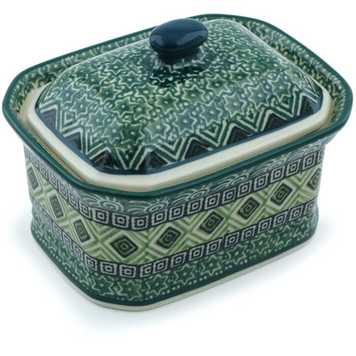 Polish Pottery Mini Cake Box 4&quot;, Salt Box, Olive Aztek