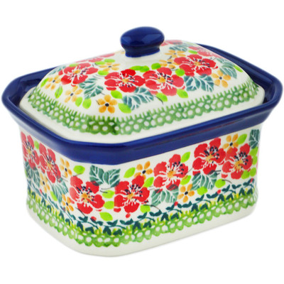 Polish Pottery Mini Cake Box 4&quot;, Salt Box, Red Flora On Green Daisy UNIKAT