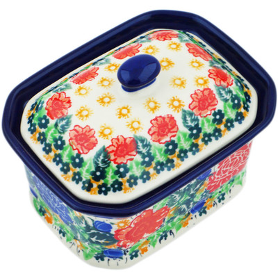 Polish Pottery Mini Cake Box 4&quot;, Salt Box, Red Meadow UNIKAT