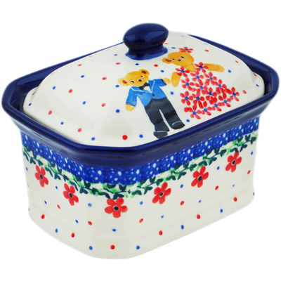 Polish Pottery Mini Cake Box 4&quot;, Salt Box, Royal Teddy UNIKAT