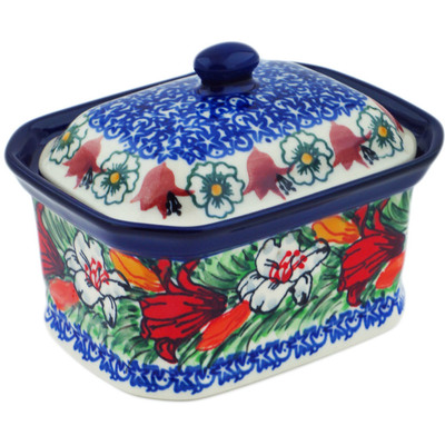 Polish Pottery Mini Cake Box 4&quot;, Salt Box, Scarlet Flora UNIKAT