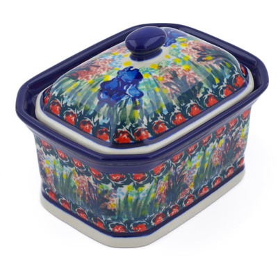 Polish Pottery Mini Cake Box 4&quot;, Salt Box, Spring Iris UNIKAT