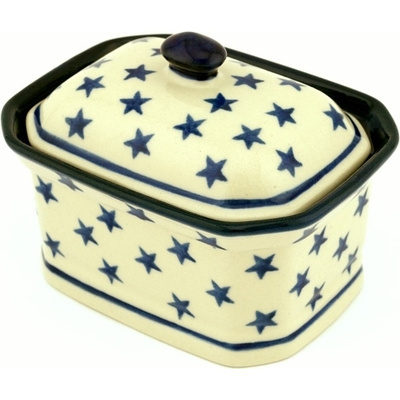 Polish Pottery Mini Cake Box 4&quot;, Salt Box, Starburst Americana