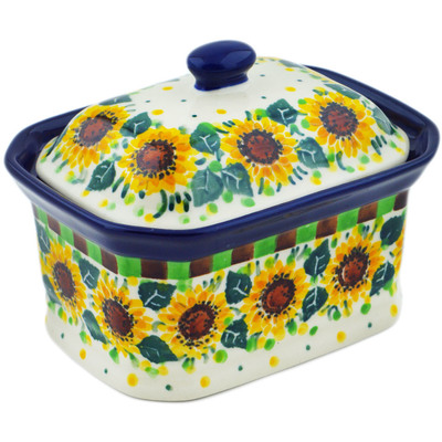 Polish Pottery Mini Cake Box 4&quot;, Salt Box, Summer Sunflower UNIKAT