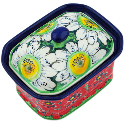 Polish Pottery Mini Cake Box 4&quot;, Salt Box, Sweet Red Petals UNIKAT