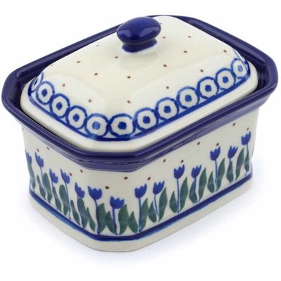 Polish Pottery Mini Cake Box 4&quot;, Salt Box, Water Tulip