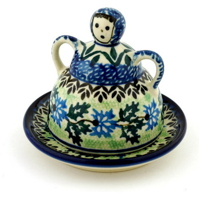 Polish Pottery Mini Cheese Lady 4&quot; Blue Holly Flowers UNIKAT