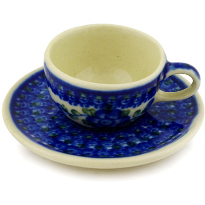 Polish Pottery Mini Cup and Saucer 3&quot; Blue Poppies