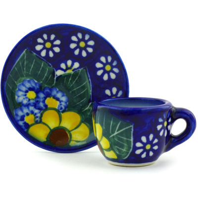 Polish Pottery Mini Cup and Saucer 3&quot; Floral Fruit Basket UNIKAT