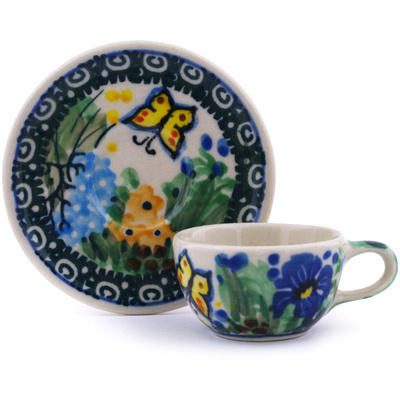 Polish Pottery Mini Cup and Saucer 3&quot; Spring Garden UNIKAT
