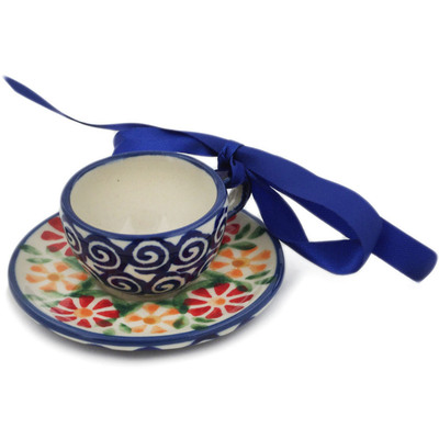 Polish Pottery Mini Cup and Saucer 3&quot; Wave Of Flowers