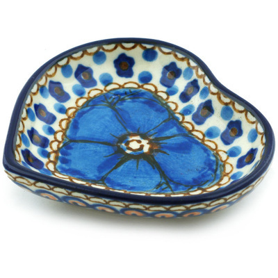 Polish Pottery Mini Heart Bowl 3&quot; Blue Poppies UNIKAT
