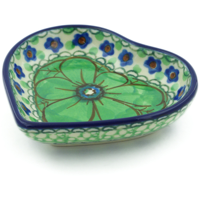 Polish Pottery Mini Heart Bowl 3&quot; Green Pansies UNIKAT
