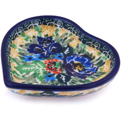 Polish Pottery Mini Heart Bowl 3&quot; Lupines And Roses UNIKAT