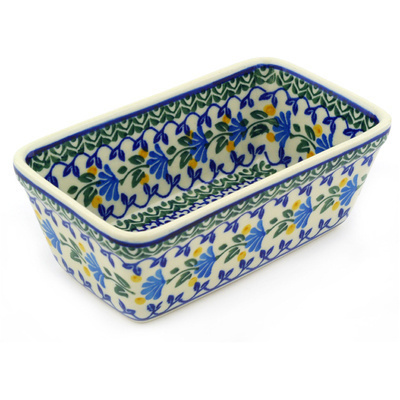 Polish Pottery Mini loaf pan Blue Fan Flowers