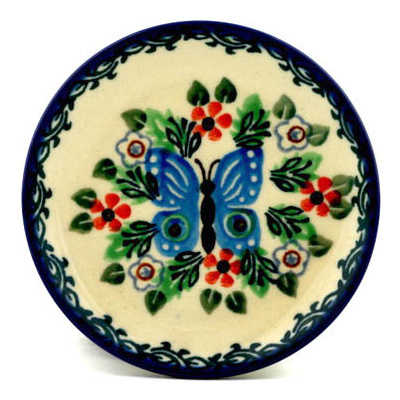 Polish Pottery Mini Plate, Coaster plate Blue Butterfly Brigade UNIKAT