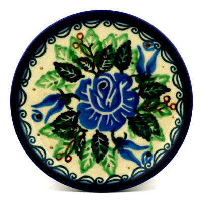 Polish Pottery Mini Plate, Coaster plate Blue Cabbage Rose UNIKAT