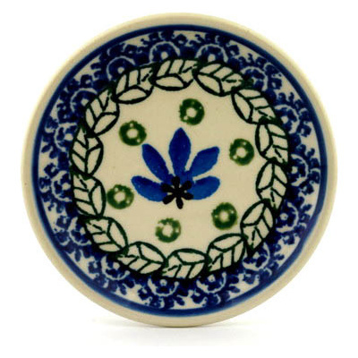 Polish Pottery Mini Plate, Coaster plate Blue Fan Flowers