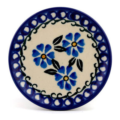 Polish Pottery Mini Plate, Coaster plate Blue Flax Circle