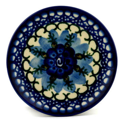 Polish Pottery Mini Plate, Coaster plate Blue Pansy Circle UNIKAT