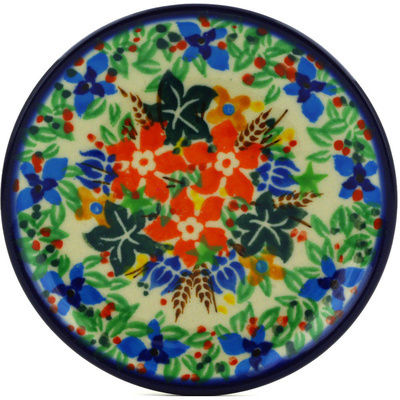 Polish Pottery Mini Plate, Coaster plate Blue Ribbon Bouquet UNIKAT